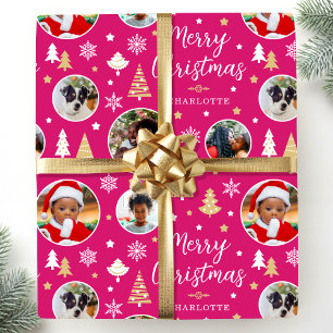 Papel De Presente Feliz Natal Árvores Festivas Nome Fotográfico Rosa