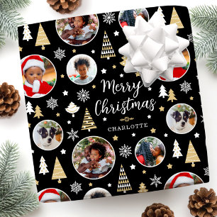 Papel De Presente Feliz Natal Árvores Neves Flocos de Foto Preto