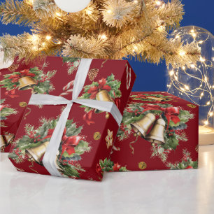 Papel De Presente Feliz Natal Belts Holly Berries Pinecones Red