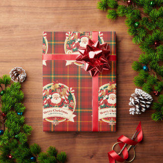 Papel De Presente Feliz Natal Boneco de Natal Vermelho Xadrez Nome P