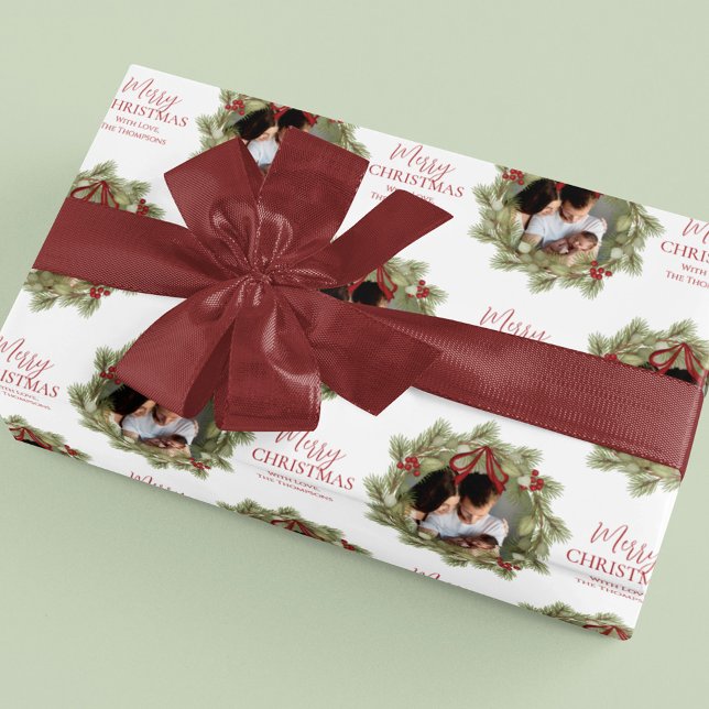 Papel De Presente Feliz Natal Botânico Férias de inverno (Merry Christmas holiday greenery photo wreath wrapping paper)
