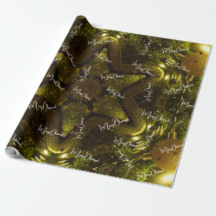 Papel De Presente Feliz Natal Bright Vintage Ouro Star Elegante