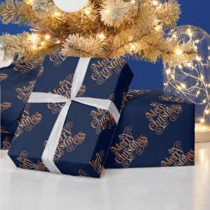 Papel De Presente Feliz Natal Brilhante Texto Dourado Escuro Azul