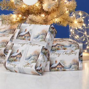 Papel De Presente Feliz Natal Cabine na paisagem nevada