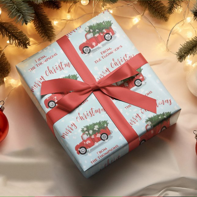 Papel De Presente Feliz Natal Caligrafia Bastante Vermelha (Merry Christmas cute red calligraphy script rustic red truck wrapping paper. )