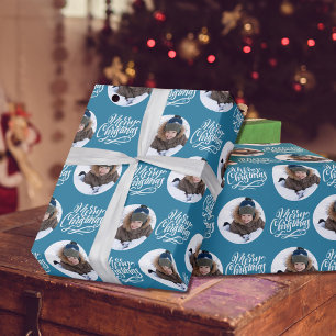 Papel De Presente Feliz Natal Caligrafia Foto Redonda Azul