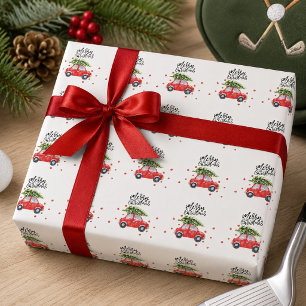 Papel De Presente Feliz Natal carro vermelho com árvore de Natal