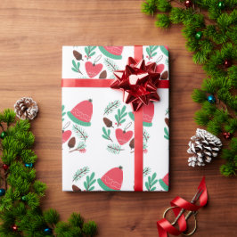 Papel De Presente Feliz Natal, Chapéu De Inverno E Pinecones