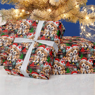 Papel De Presente Feliz Natal Chapéu do Papai Noel Cachorro Design -