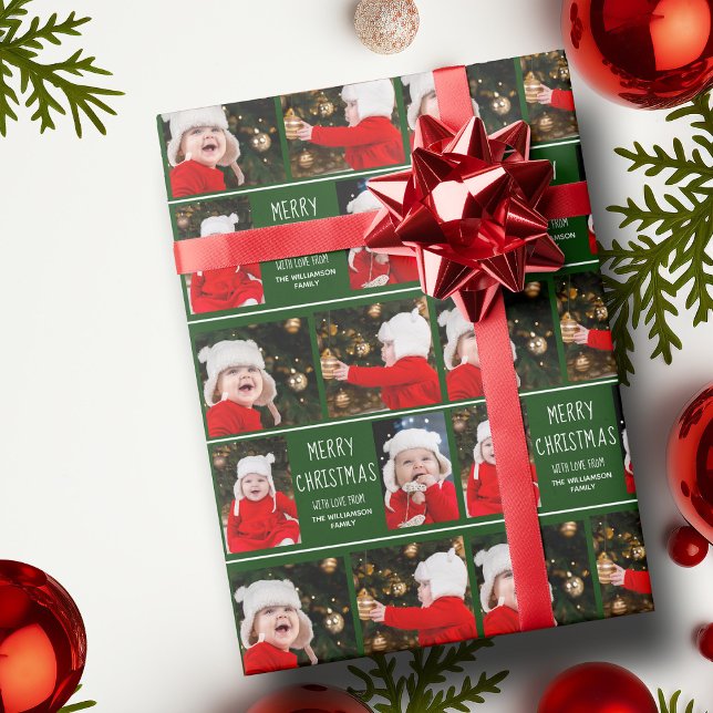 Papel De Presente Feliz Natal Colagem de Fotos Personalizada Verde (Criador carregado)