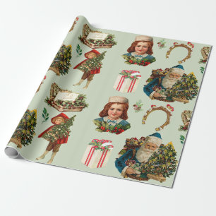 Papel De Presente Feliz Natal Colagem de Vintage com Papais noeis