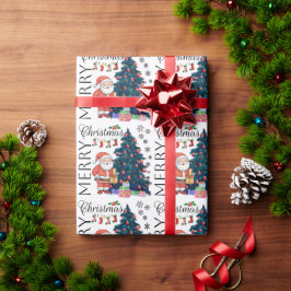 Papel De Presente Feliz Natal com Árvore, Papais noeis, presentes