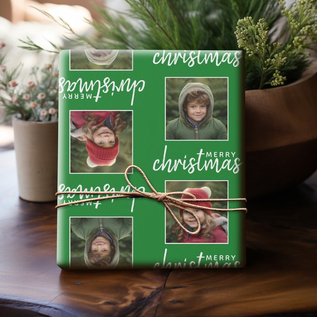 Papel De Presente Feliz Natal com Duas Fotos Quadradas - Verde (Personalized Photo Wrapping Paper)