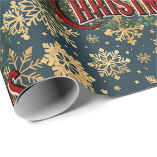 Papel De Presente Feliz Natal com Flocos de Neve Dourados Vintage