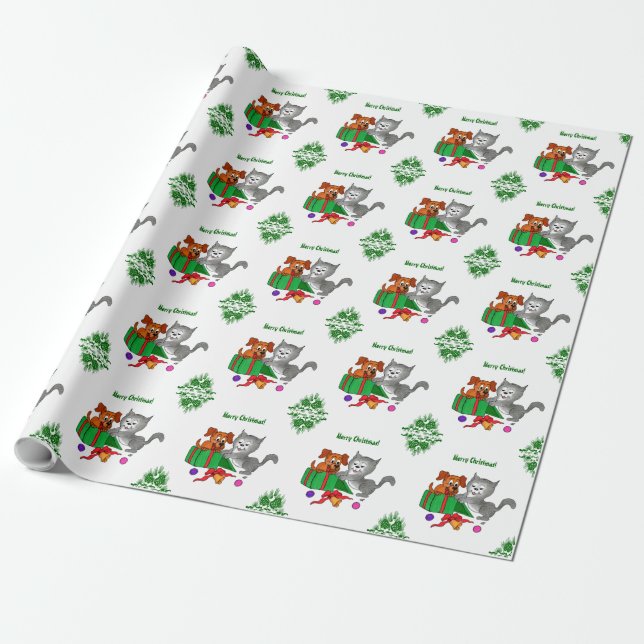 Papel De Presente Feliz Natal com Gato e Cachorro (Desenrolado)