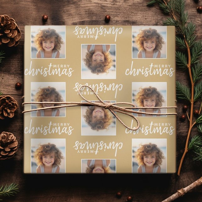 Papel De Presente Feliz Natal com uma foto quadrada - ouro (Personalized Christmas Wrapping Paper - Add a photo to this festive design!)