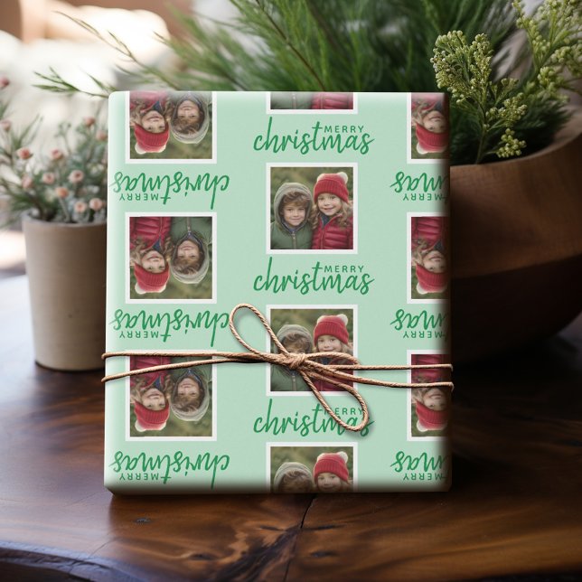 Papel De Presente Feliz Natal com uma foto quadrada verde (Personalized Photo Wrapping Paper)