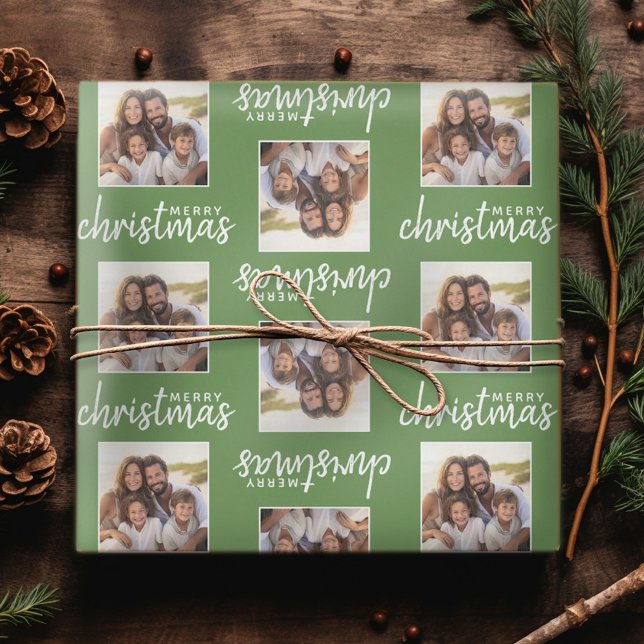 Papel De Presente Feliz Natal com uma Foto Quadrada - Verde (Personalized Christmas Wrapping Paper - Add a photo to this festive design!)