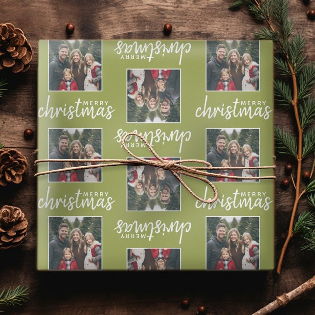 Papel De Presente Feliz Natal com uma foto quadrada - verde lima (Personalized Christmas Wrapping Paper - Add a photo to this festive design!)