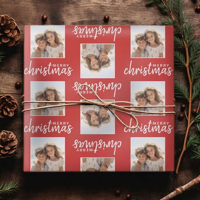Papel De Presente Feliz Natal com uma foto quadrada - vermelho (Personalized Christmas Wrapping Paper - Add a photo to this festive design!)