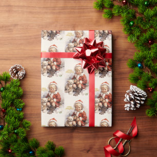 Papel De Presente Feliz Natal Criança Vintage com Urso de Pelúcia