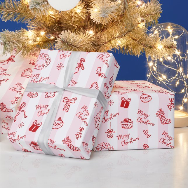 Papel De Presente Feliz Natal Desenho à Mão Listras Rosa (Feriados)