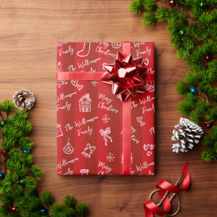 Papel De Presente Feliz Natal Desenho à Mão Listras Vermelhas Nome