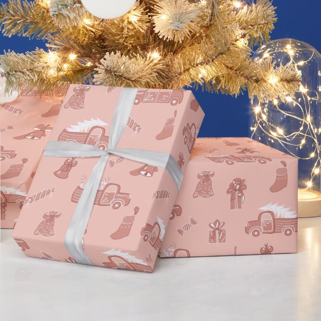 Papel De Presente Feliz Natal dos Caminhões Dourados de Rosa Blush (Feriados)