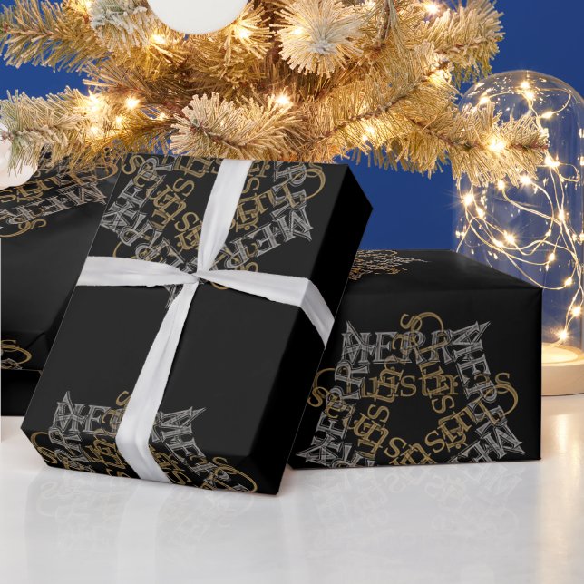 Papel De Presente Feliz Natal Dourado e Silver Star, Preto Grande (Feriados)