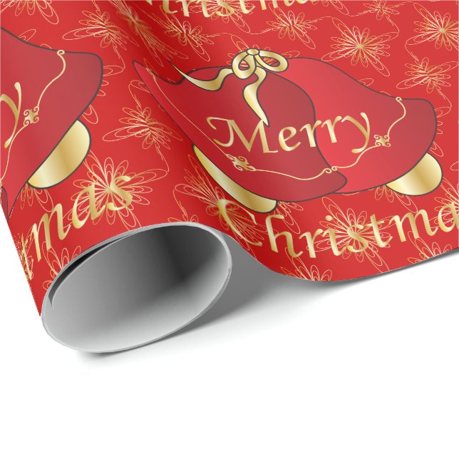 Papel De Presente Feliz Natal Dourado e Sinos Vermelhos (Ponta do rolo)