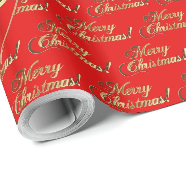 Papel De Presente Feliz Natal Dourado Folheado Script Vermelho Brilh (Ponta do rolo)