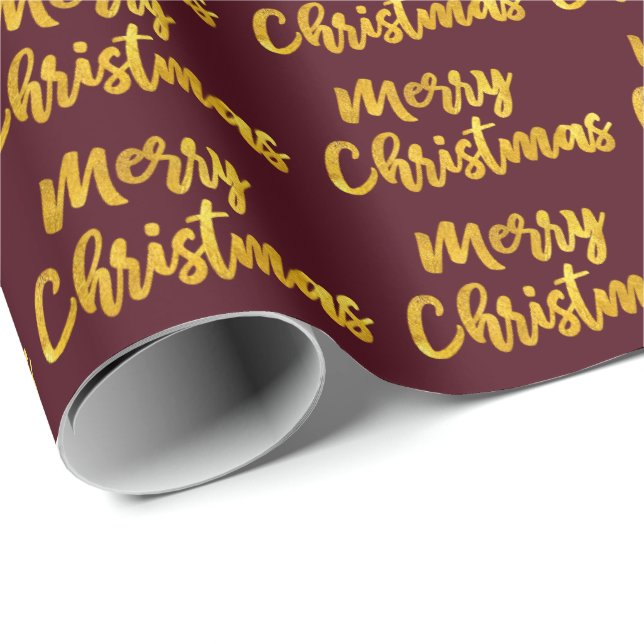 Papel De Presente Feliz Natal Dourado Script Burgundy Maroon (Ponta do rolo)