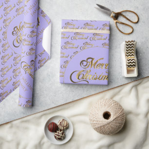 Papel De Presente Feliz Natal Elegante Dourado Script Lilac Purple