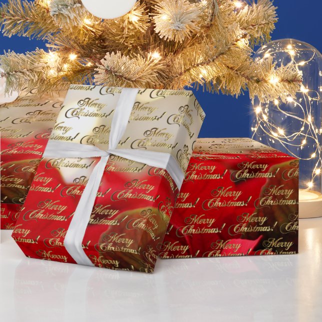 Papel De Presente Feliz Natal Elegante, Dourado Script Poinsettia (Feriados)