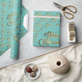 Papel De Presente Feliz Natal Elegante Faux Dourado Teal