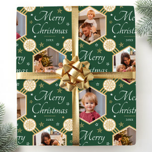 Papel De Presente Feliz Natal Elegante Foto em Floco de Neve Verde