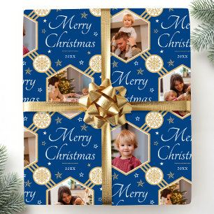Papel De Presente Feliz Natal Elegante Foto Floco de Neve Azul