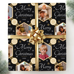 Papel De Presente Feliz Natal Elegante Foto Floco de Neve Preto