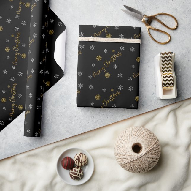 Papel De Presente Feliz Natal Elegantes Flocos de Neve Dourados (Artesanato)