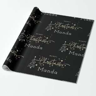 Papel De Presente Feliz Natal em Letra Elegante Preta Personalizada
