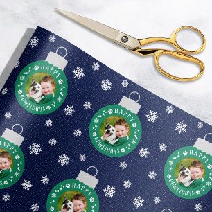 Papel De Presente Feliz Natal em Verde Naval Cachorro Personalizado 
