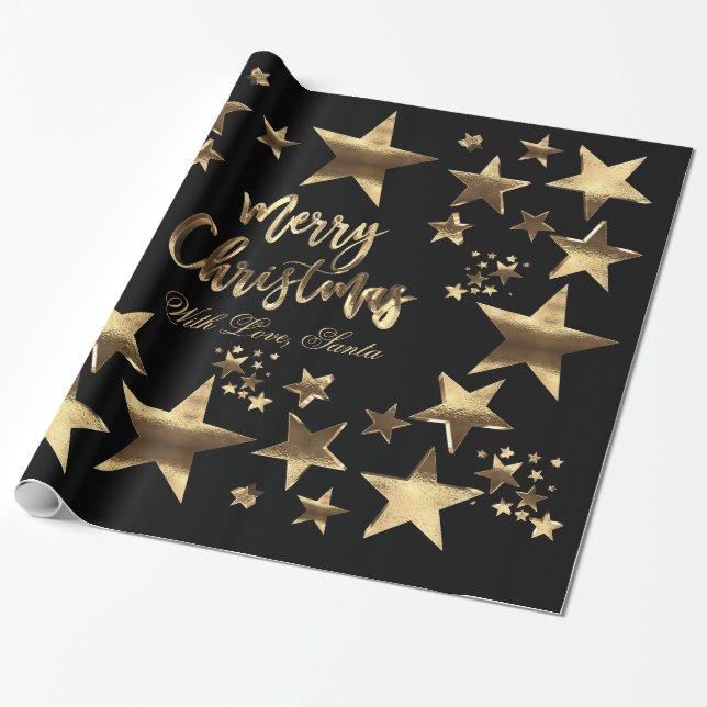 Papel De Presente Feliz Natal Estrelas Douradas Escuras Elegantes Ne (Desenrolado)