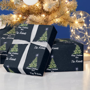 Papel De Presente Feliz Natal Família de Árvores Azul Presente com N