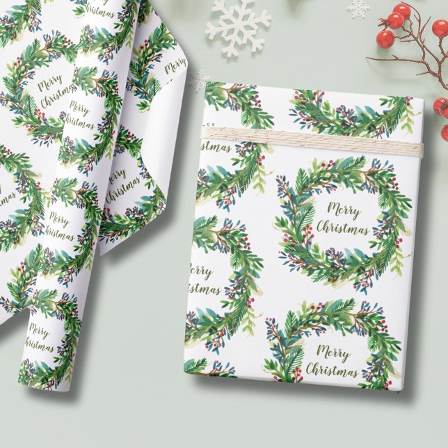 Papel De Presente Feliz Natal Férias Wreath (Christmas Holiday Wreath Wrapping Paper with Merry Christmas text. greenery botanical eucalyptus)
