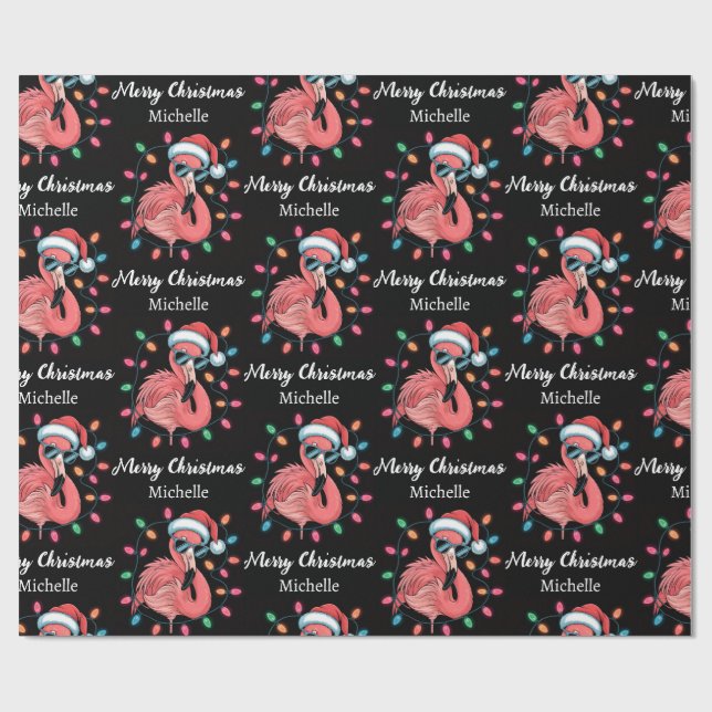 Papel De Presente Feliz Natal Flamingo Rosa Personalizado (Aberto)