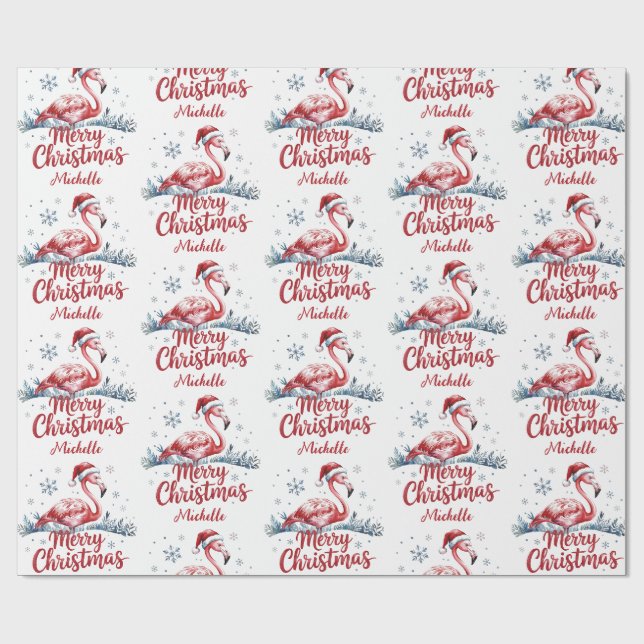 Papel De Presente Feliz Natal Flamingo Rosa Personalizado (Aberto)