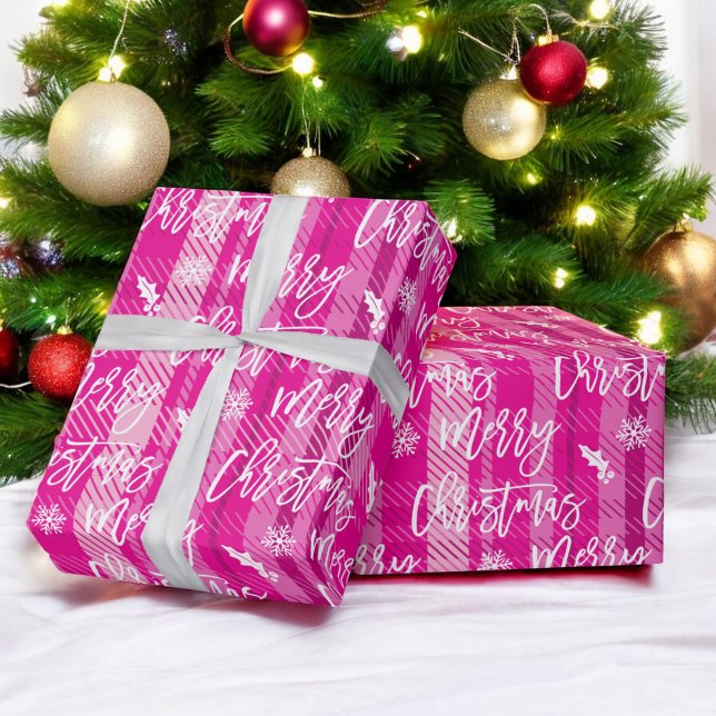 Papel De Presente Feliz Natal Floco de Neve Mistura de xadrez Rosa (Merry Christmas snowflake mistletoe pink plaid Wrapping Paper)