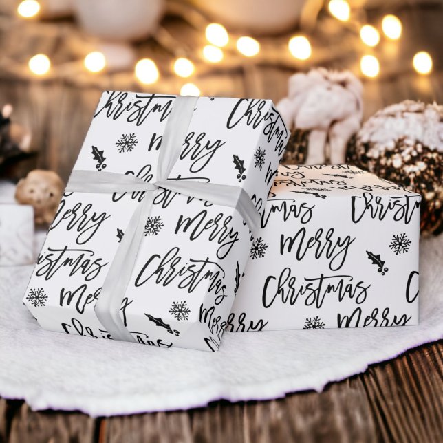 Papel De Presente Feliz Natal Floco de Neve Mistura Preta (Merry Christmas snowflake mistletoe black white Wrapping Paper)