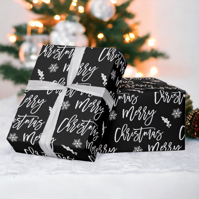 Papel De Presente Feliz Natal floco de neve negro (Merry Christmas snowflake mistletoe black pattern Wrapping Paper)