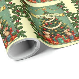 Papel De Presente Feliz Natal Fofo Árvore Vitoriana de Natal